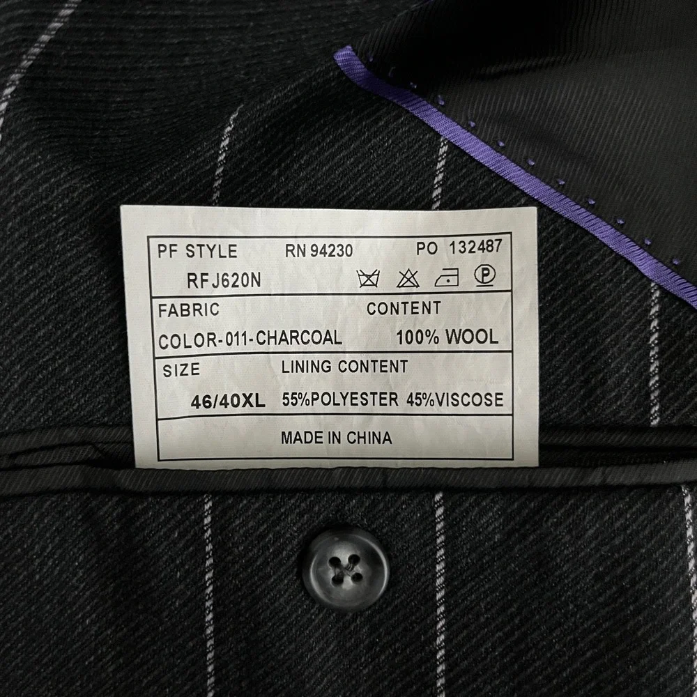 Paul Fredrick Suit Mens 46XL 42x33 Charcoal Pinstripe 3-Button 100% Wool